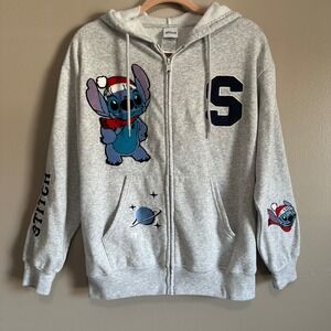 Disney Christmas Stitch Grey Heather Zip Up Hoodie Sweatshirt Women's Medium